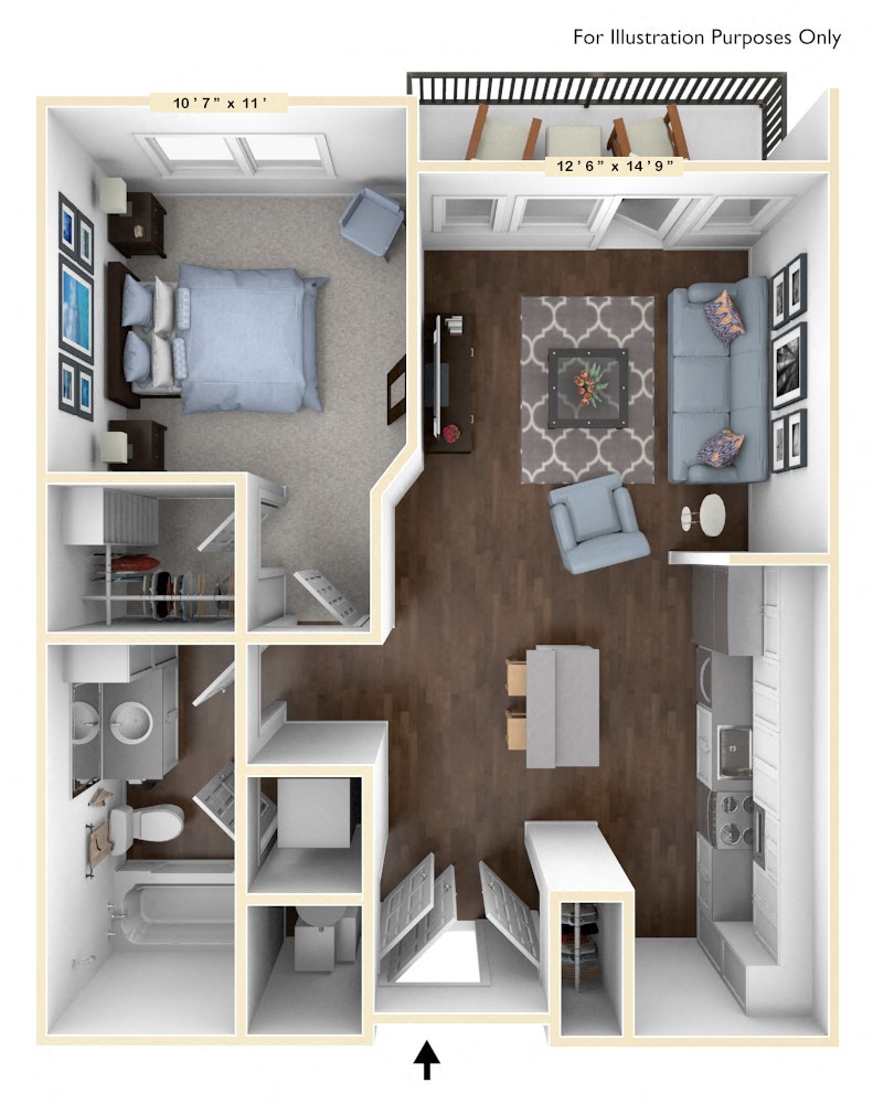 Floor plan for 1 bed, 1 bath, 654 sqft